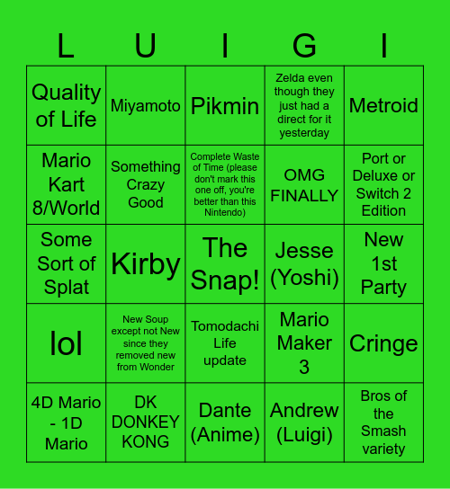 Nintendo Direct Bingo Card