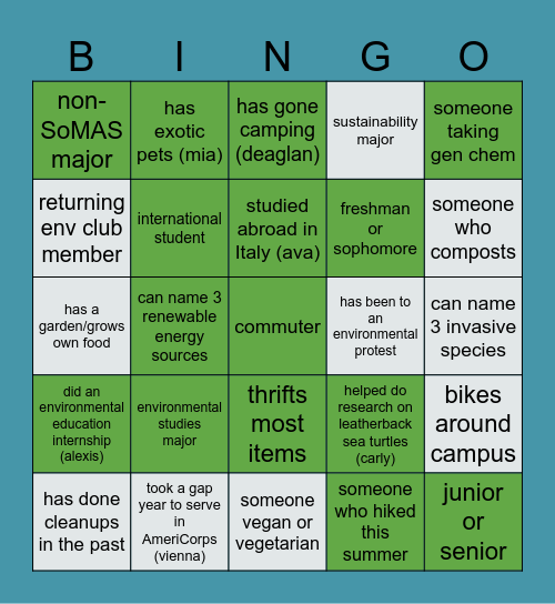 Env Club Intro Bingo! Bingo Card
