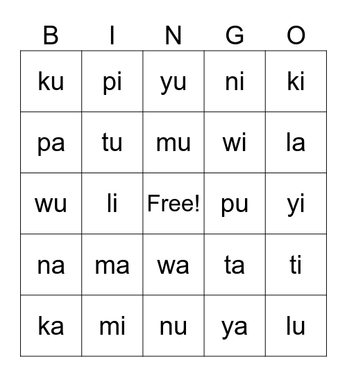 Pitjantjatjara Syllables Bingo Card