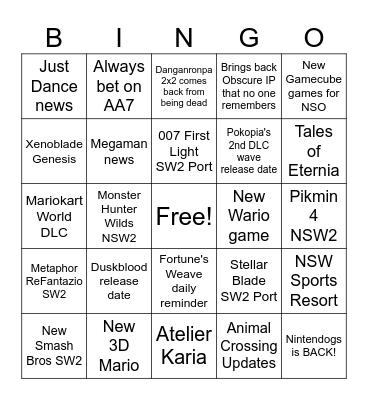 Nintendo Direct Bingo Card