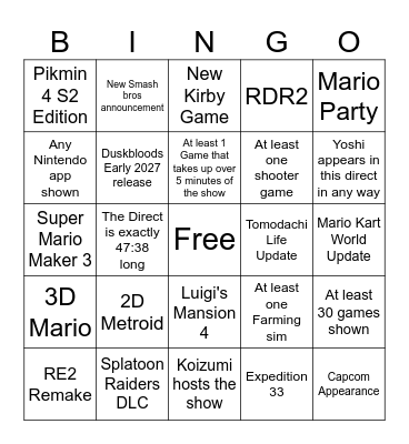 Nintendo Direct 9.9.26 Bingo Card