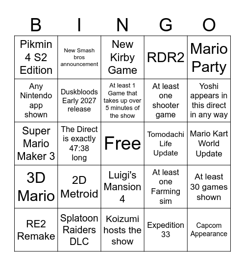 Nintendo Direct 9.9.26 Bingo Card