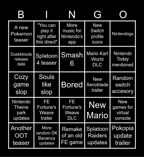 9/9 Nintendo Direct Bingo Card