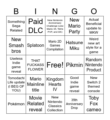 Nintendo Direct Bingo Card