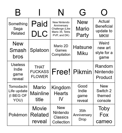 Nintendo Direct Bingo Card