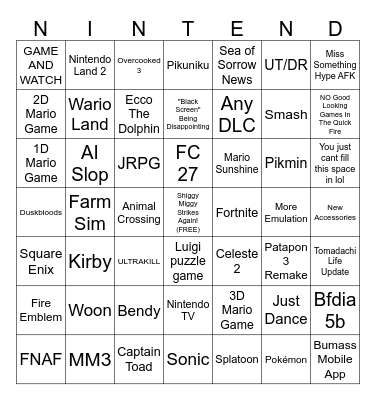Evil Twisted Nintendo Direct Bingo Card Bingo Card
