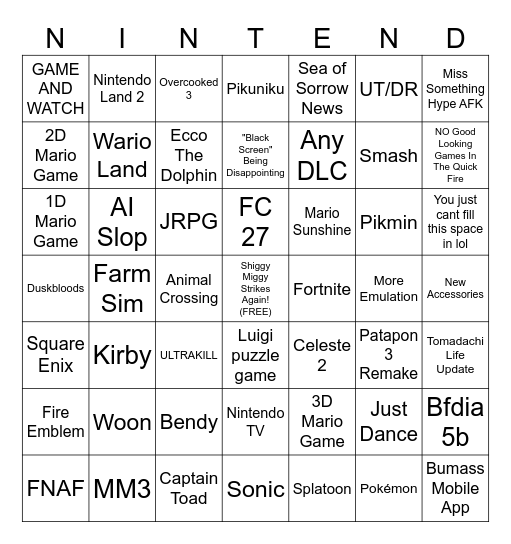 Evil Twisted Nintendo Direct Bingo Card Bingo Card