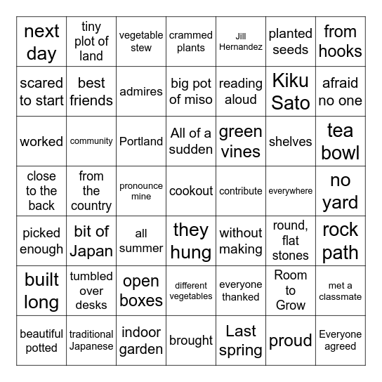 Room to Grow Bingo Card