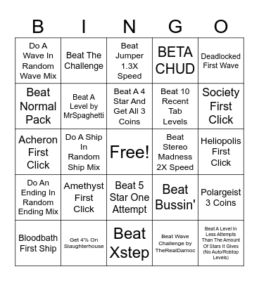 Geometry Dash Bingo Card
