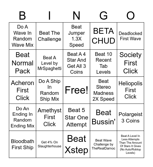 Geometry Dash Bingo Card