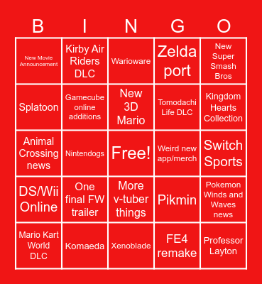 Nintendo Direct 9/10/2026 Bingo Card