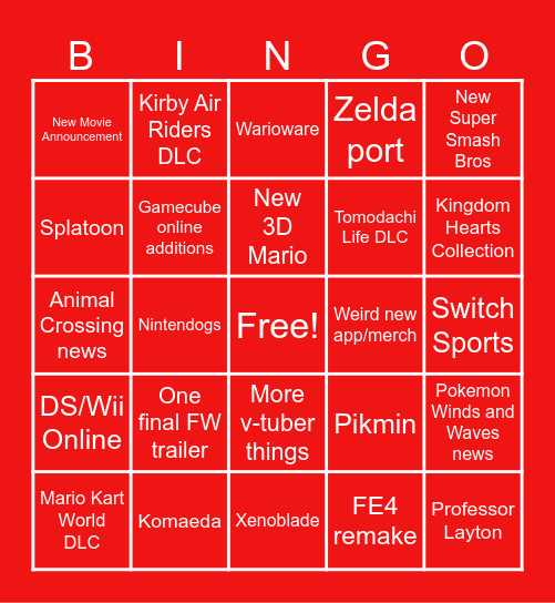 Nintendo Direct 9/10/2026 Bingo Card