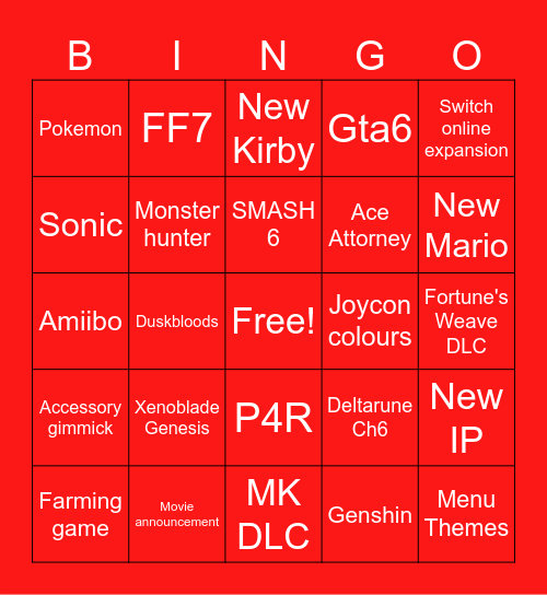 Nintendo Direct Bingo Card