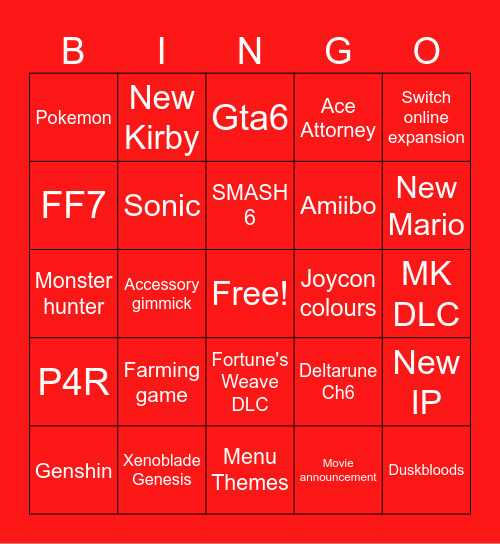 Nintendo Direct Bingo Card