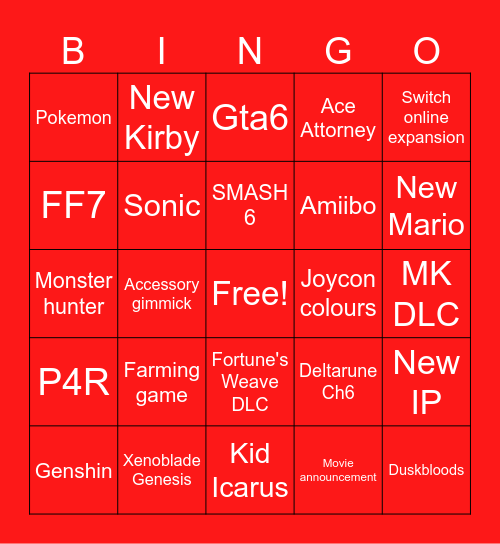 Nintendo Direct Bingo Card