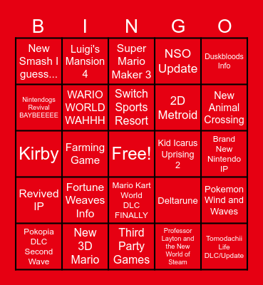 NINTENDO DIRECT Bingo Card
