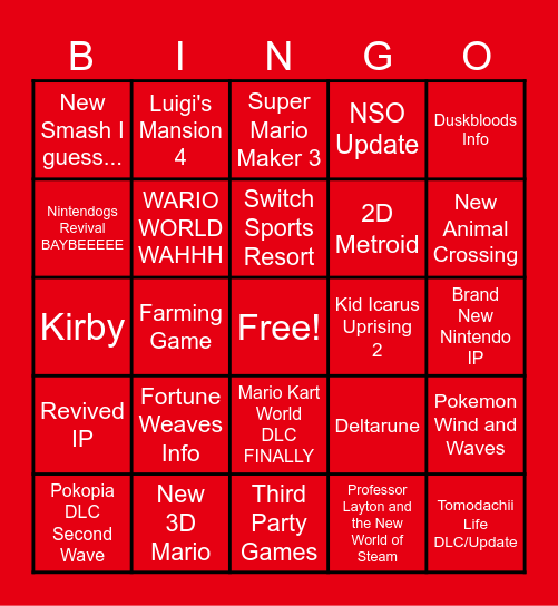 NINTENDO DIRECT Bingo Card