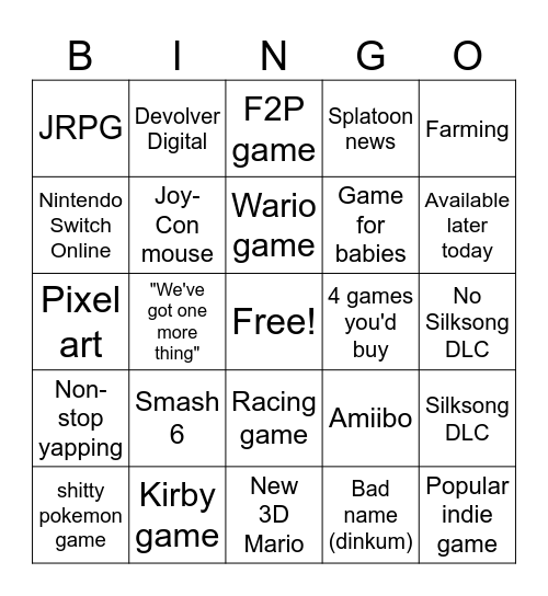 Nintendo Direct September 2026 Bingo Card