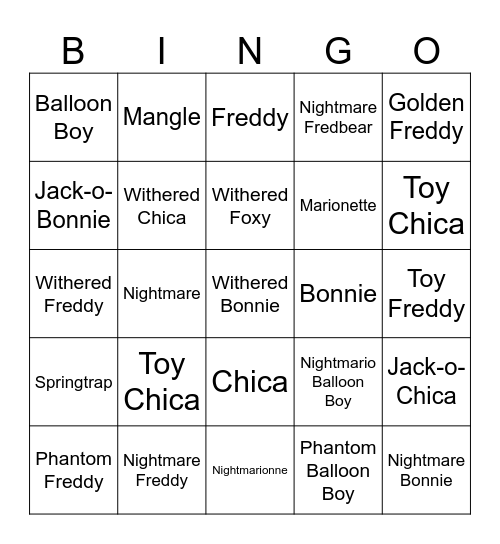 FNaF Jumpscare Bingo Card