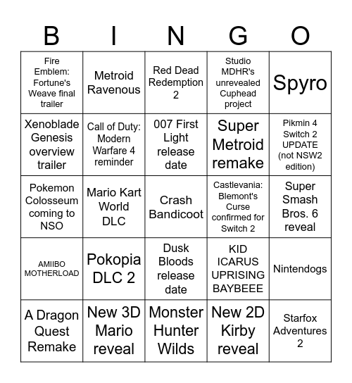 Nintendo Direct: September 26 Bingo Card