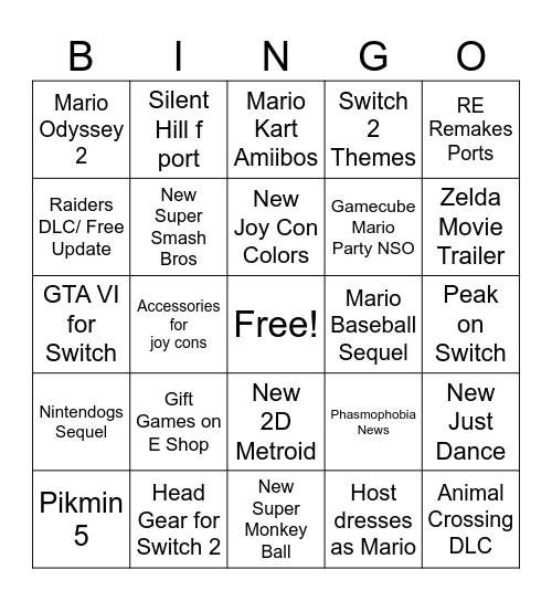 Nintendo Direct September 2026 Bingo Card