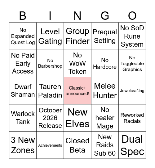 Classic+ Bingo Card