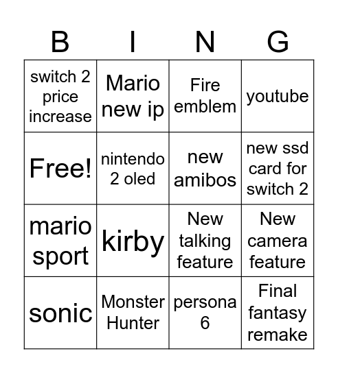 Nintendo direct Bingo Card