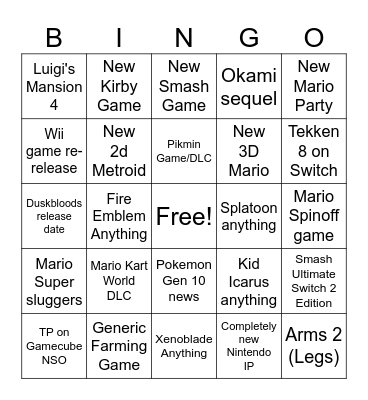 Nintendo Direct 9/9 Bingo Card