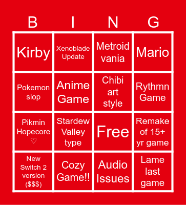 Nintendo Direct Bingo Card