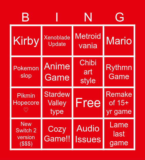 Nintendo Direct Bingo Card