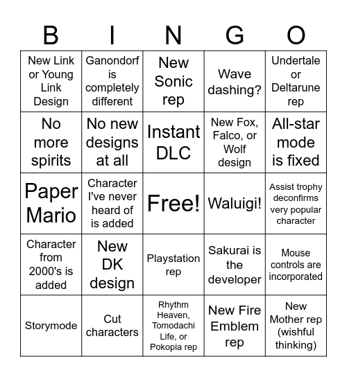 Smash bros reveal bingo Card