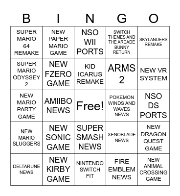 NINTENDO DIRECT Bingo Card