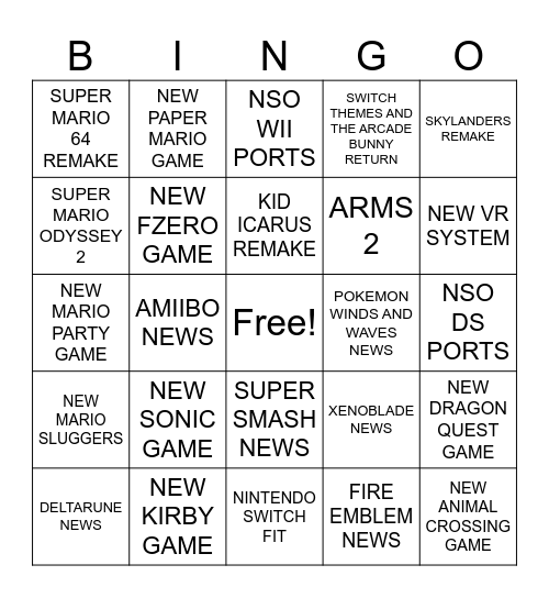 NINTENDO DIRECT Bingo Card
