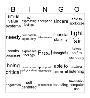 Healthy Relationships Bingo Card