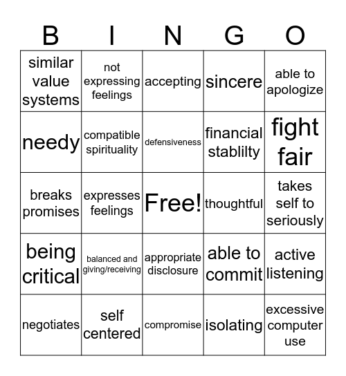 Healthy Relationships Bingo Card