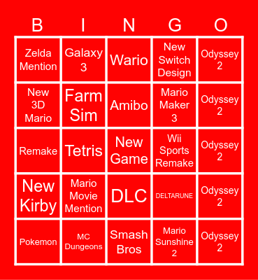 Nintendo Direct Bingo Card