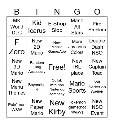 Nintendo Direct Bingo Card