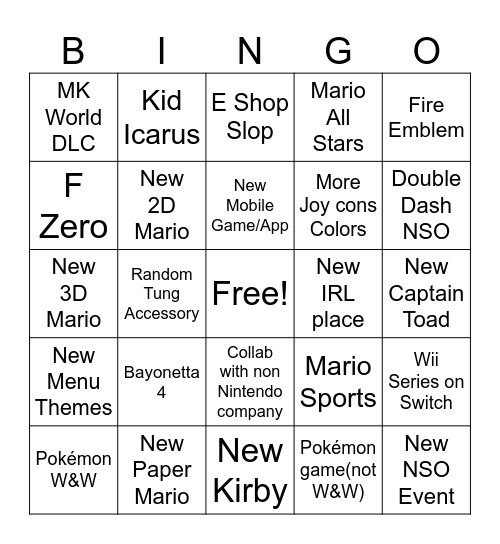 Nintendo Direct Bingo Card