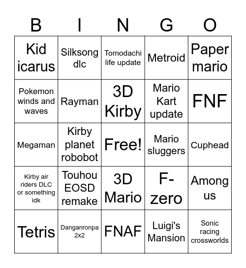 Nintendo direct 9/9 Bingo Card
