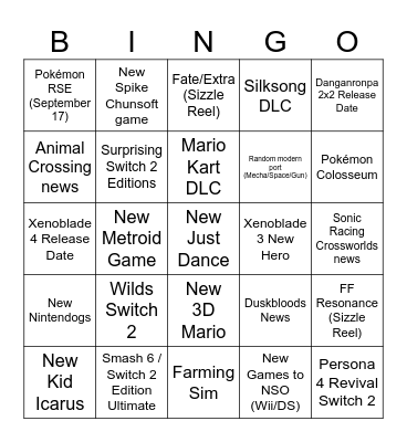Nintendo Direct 9.9.26 Bingo Card