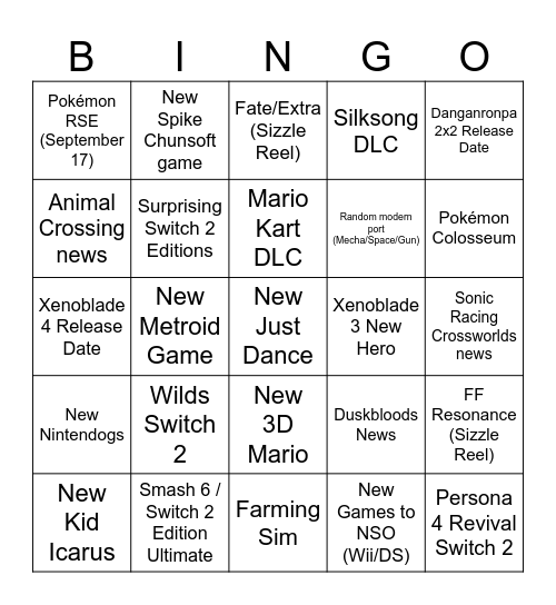 Nintendo Direct 9.9.26 Bingo Card