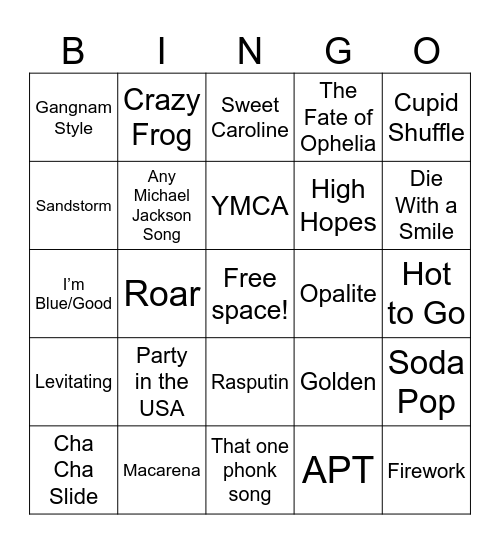 Cringe Songs I Might Hear at the Dance Bingo Card