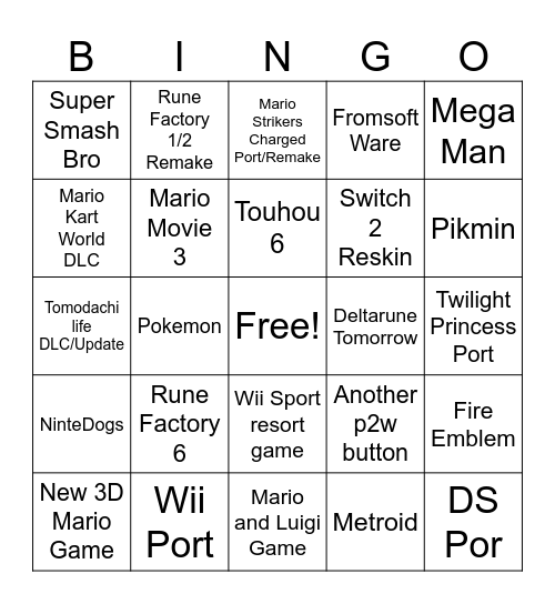 Nintendo Direct Bingo Card