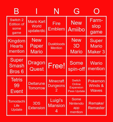 Nintendo Direct 9.9.26 Bingo Card