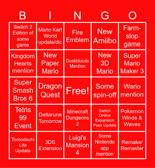 Nintendo Direct 9.9.26 Bingo Card