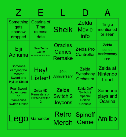 Zelda 40th Direct Bingo Card