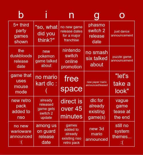 nintendo direct (sept 2026) Bingo Card