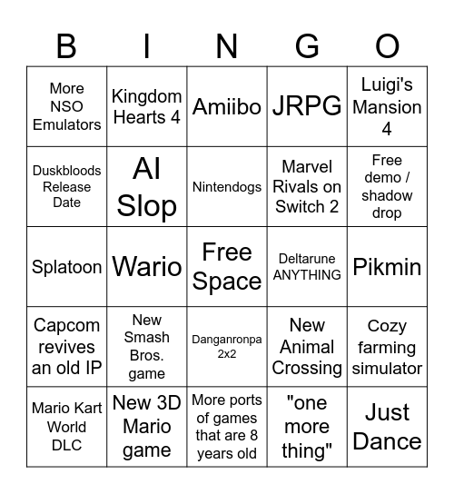 Nintendo Direct September 2026 Bingo Card