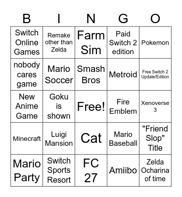 Nintendo Direct 09/09/26 Bingo Card