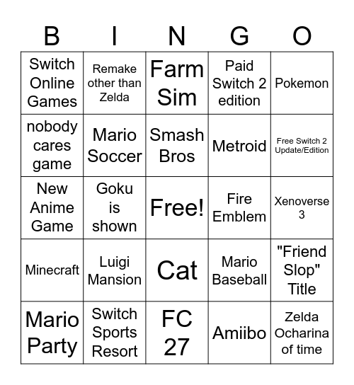 Nintendo Direct 09/09/26 Bingo Card